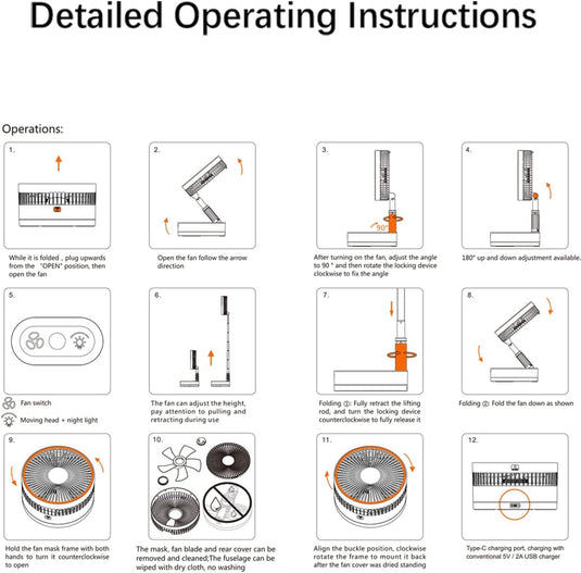 Foldable Fan Foldaway Oscillating with Remote Control, 10800mAh Rechargeable Battery Operated Portable for Camping, 4 Speed, Timer, Height Adjustment