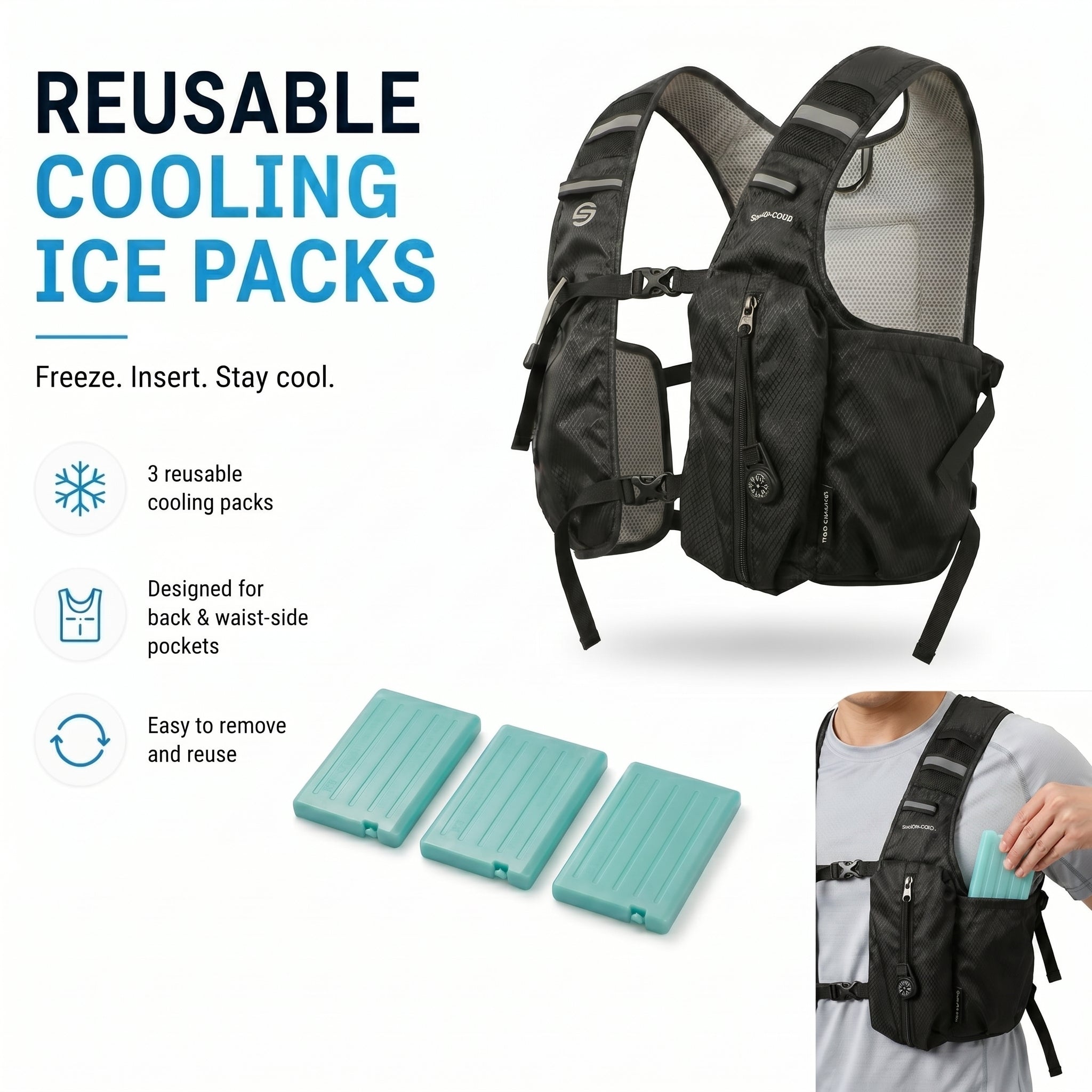 Midnight Black 3-Ice-Pack Cooling Hydration Vest Backpack