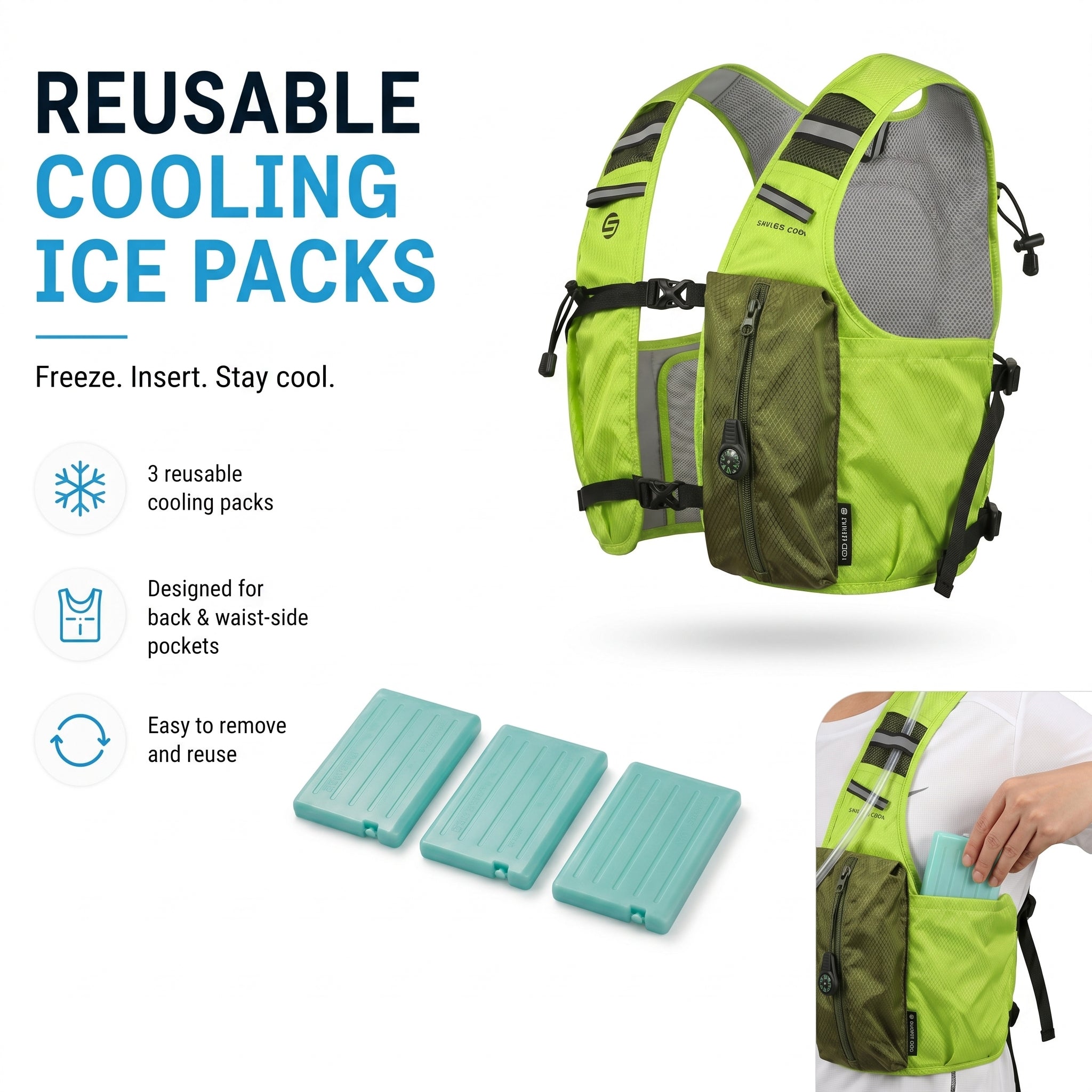 Neon Green 3-Ice-Pack Cooling Hydration Vest Backpack