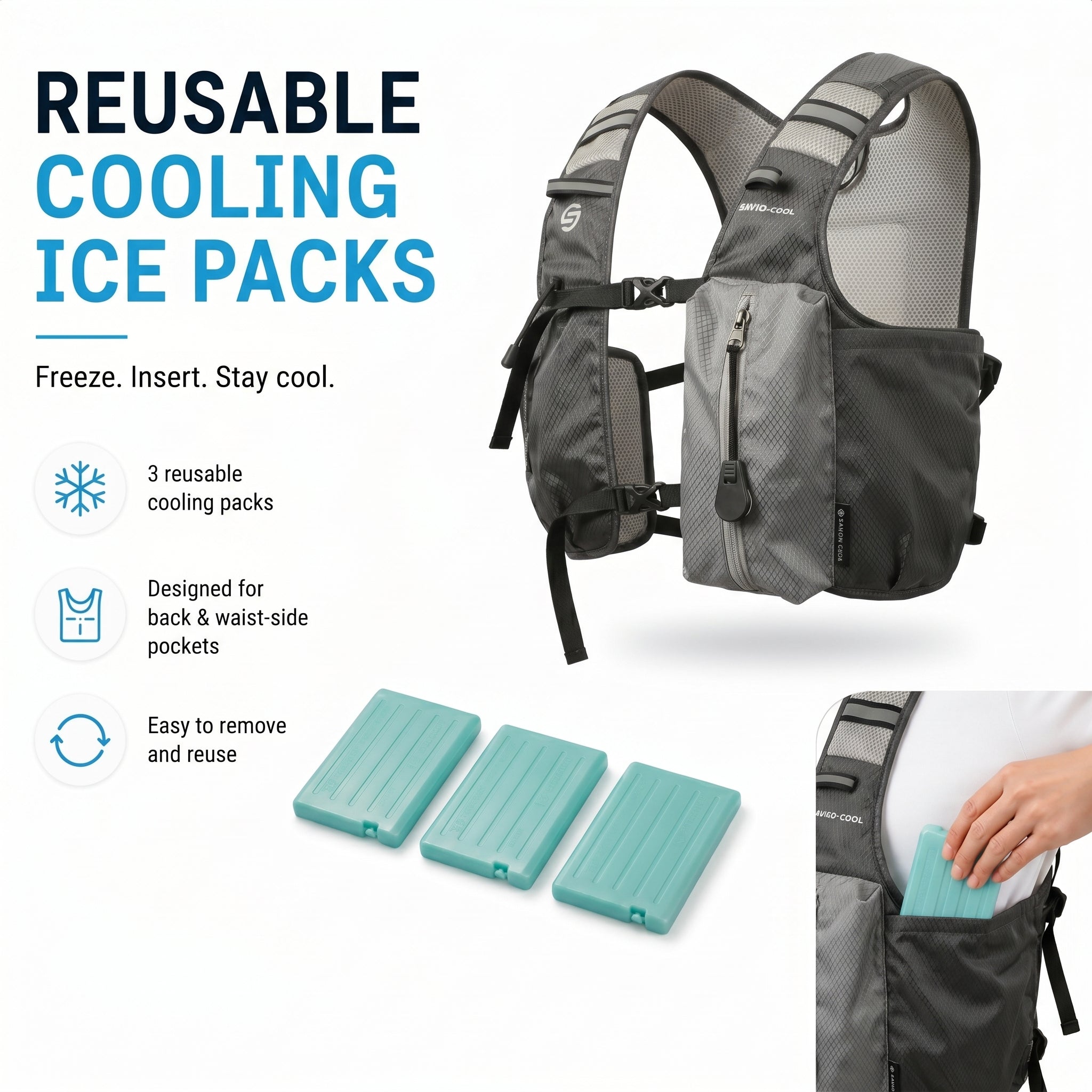 Charcoal Gray 3-Ice-Pack Cooling Hydration Vest Backpack