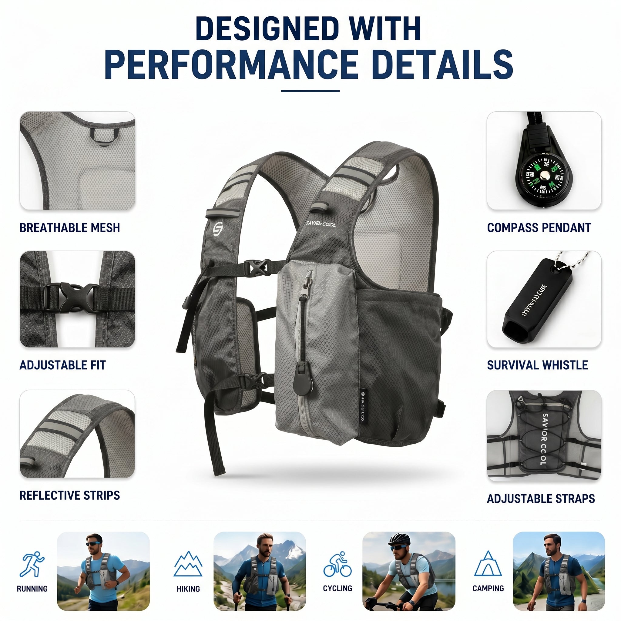 Charcoal Gray 3-Ice-Pack Cooling Hydration Vest Backpack