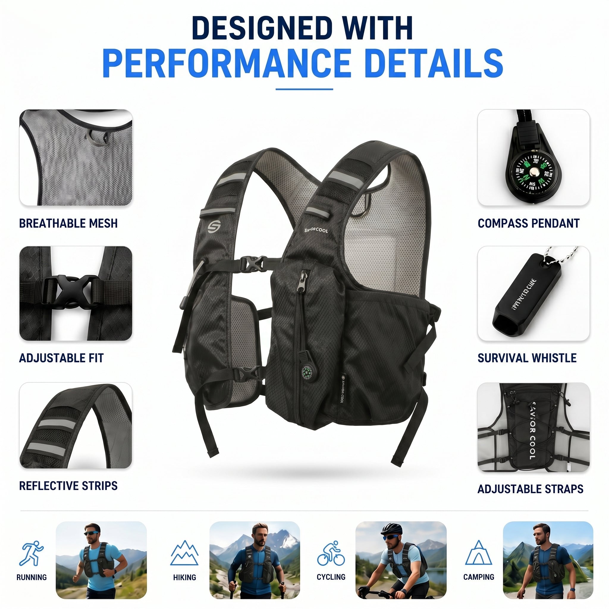 Midnight Black 3-Ice-Pack Cooling Hydration Vest Backpack